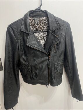 Pretty Good Black Faux Leather Moto Jacket with Leopard Lining